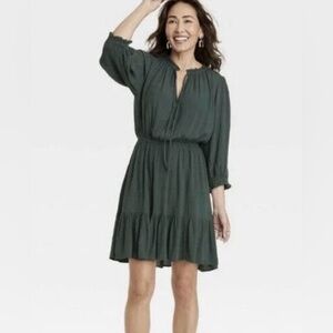 KNOX ROSE Peasant Dark Green Boho Dress | Medium